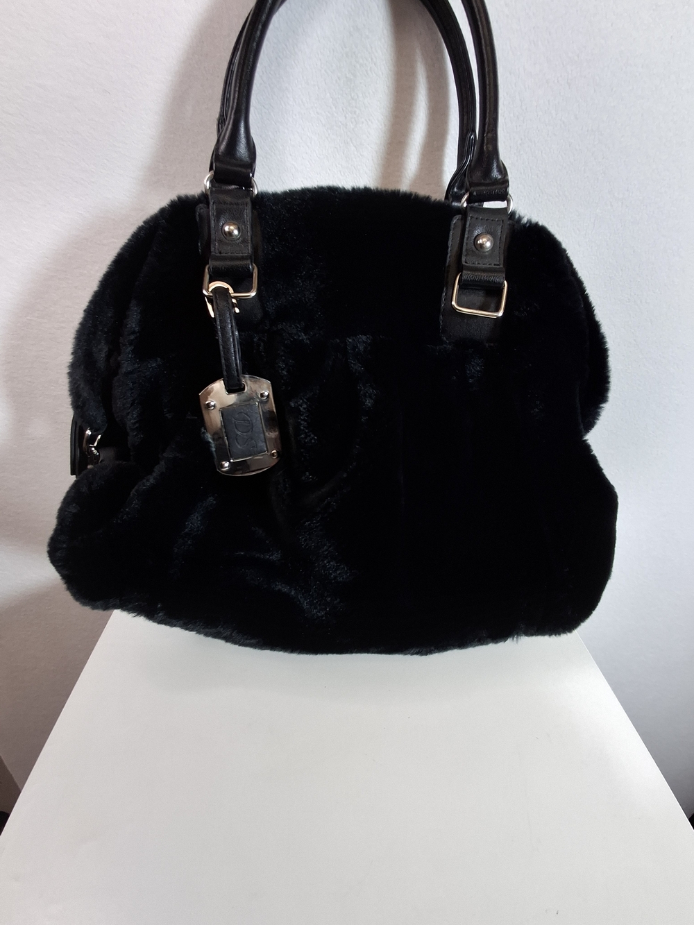 Donna Salyers Black Faux Fur Tote Handbag with Leather Handles